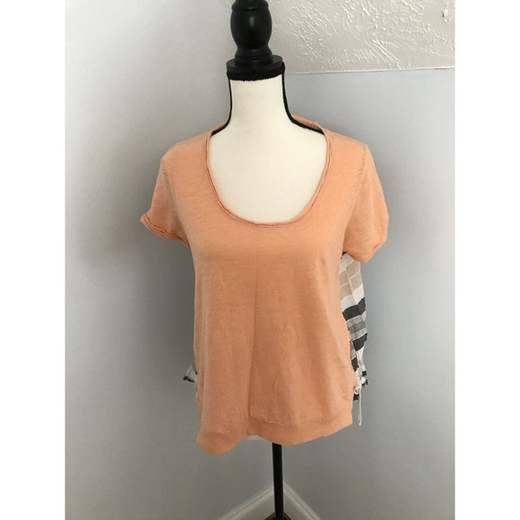 Anthropologie Little Yellow Button Peach and Grey Striped T-Shirt - Picture 1 of 7